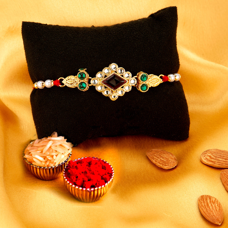 Sukkhi Fabulous Gold Plated Rakhi with Roli Chawal and Raksha Bandhan Greeting Card for Men