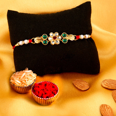 Sukkhi Sparkling Gold Plated Floral Rakhi with Roli Chawal and Raksha Bandhan Greeting Card for Men