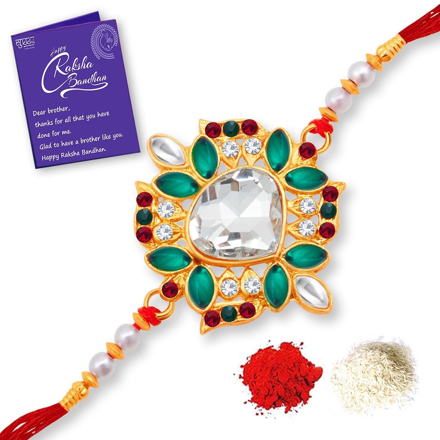 Sukkhi Incrediable Gold Plated Rakhi with Roli Chawal and Raksha Bandhan Greeting Card for Men