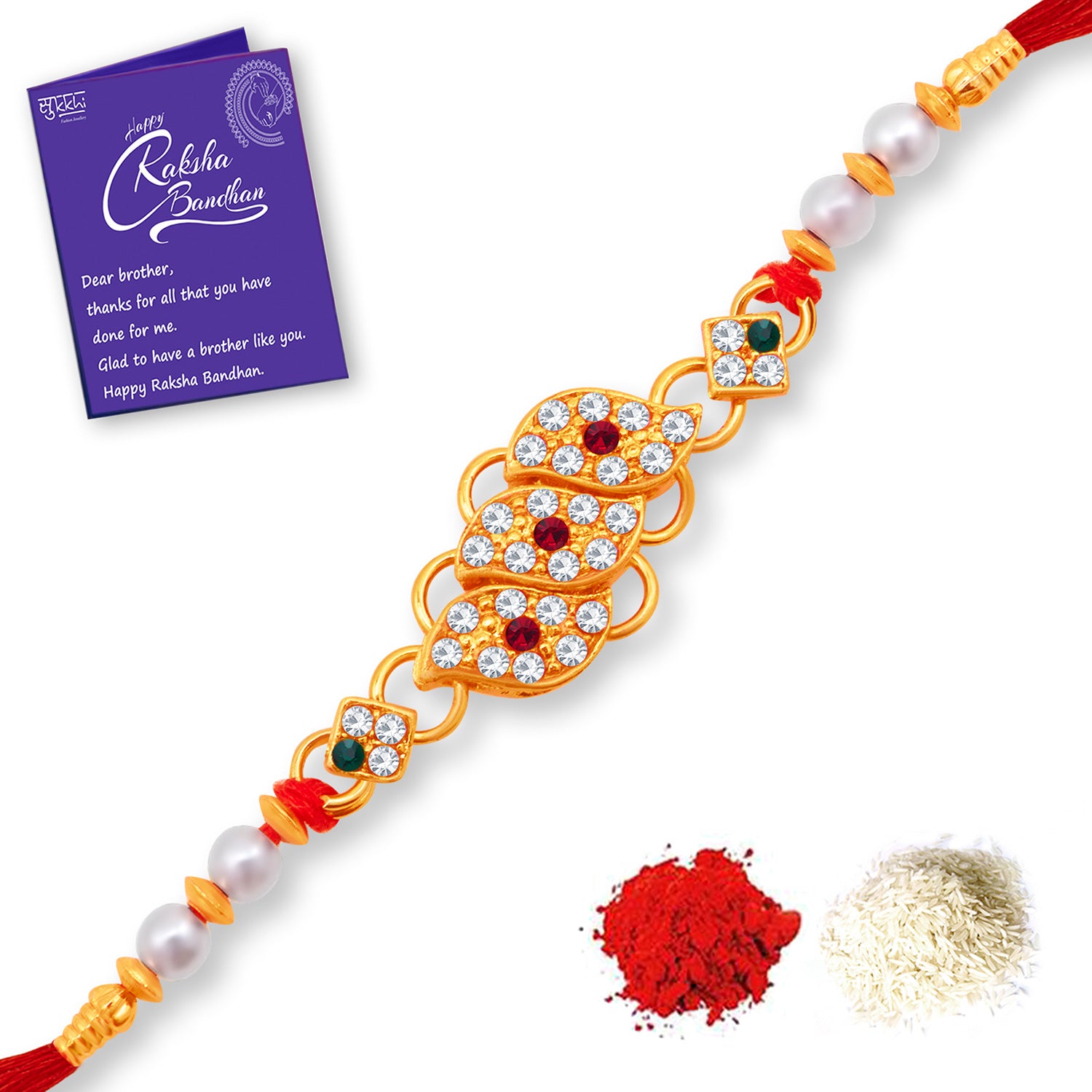 Gold Rakshi Sukkhi Designer Gold Plated Rakhi with Roli Chawal and Raksha Bandhan ...