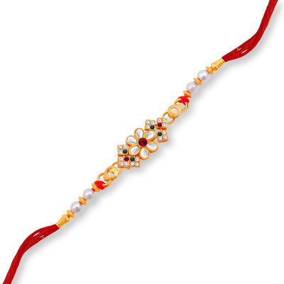 Sukkhi Gleaming Gold Plated Floral Rakhi with Roli Chawal and Raksha Bandhan Greeting Card for Men