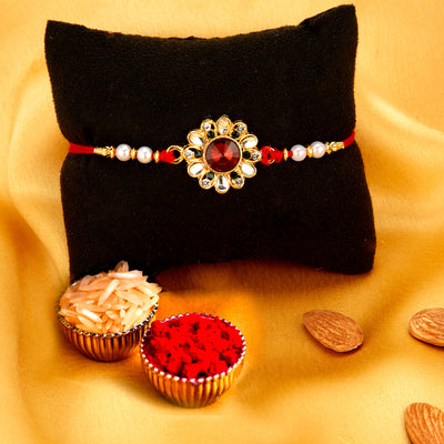 Sukkhi Ethnic Gold Plated Floral Rakhi with Roli Chawal and Raksha Bandhan Greeting Card for Men