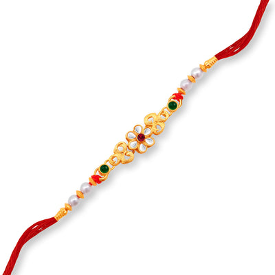 Sukkhi Delightful Gold Plated Floral Rakhi with Roli Chawal and Raksha Bandhan Greeting Card for Men