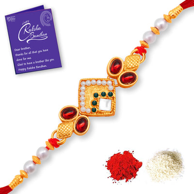 Sukkhi Stunning Gold Plated Rakhi with Roli Chawal and Raksha Bandhan Greeting Card for Men