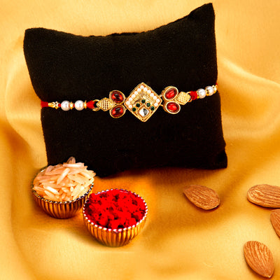 Sukkhi Stunning Gold Plated Rakhi with Roli Chawal and Raksha Bandhan Greeting Card for Men