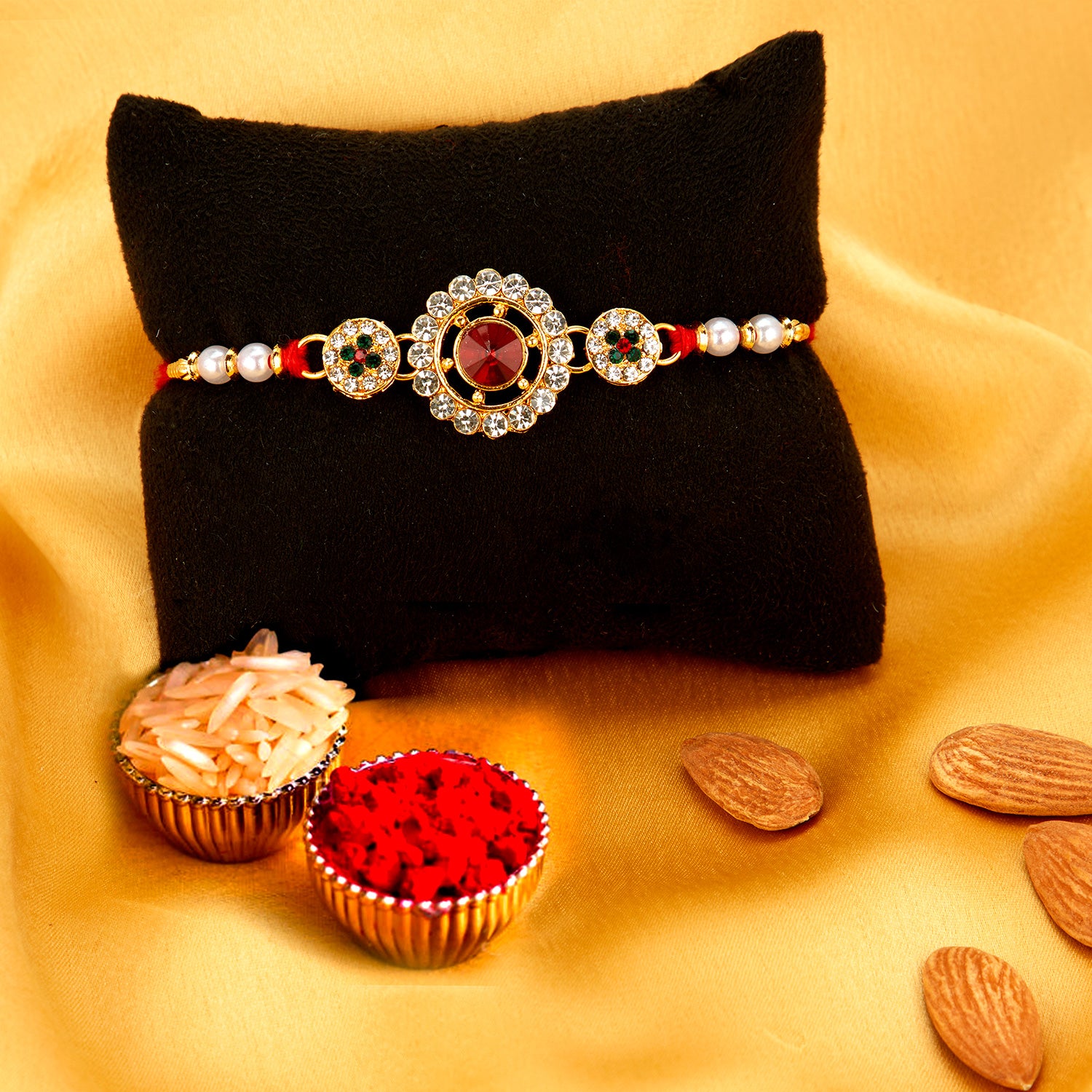 Sukkhi Delicate Gold Plated Rakhi with Roli Chawal and Raksha Bandhan Greeting Card for Men