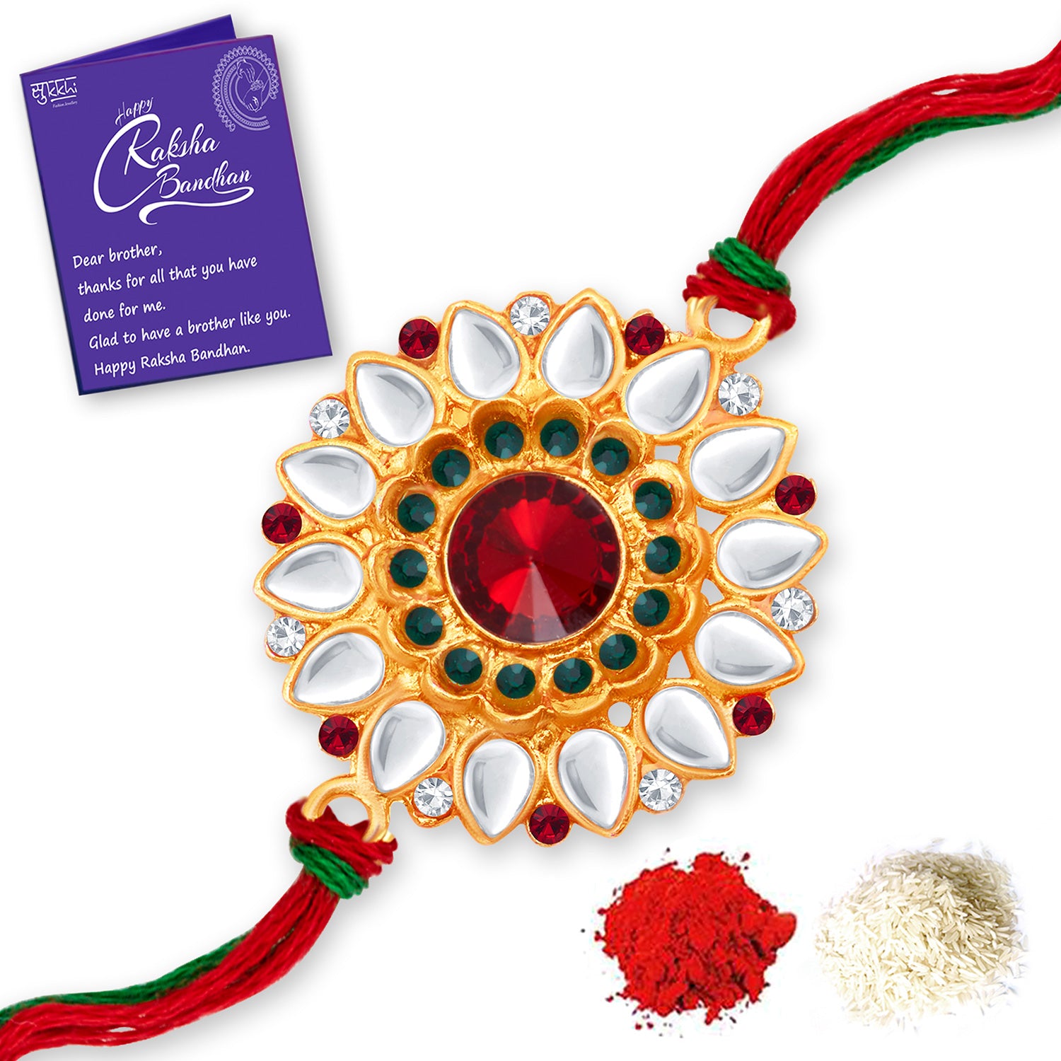 Sukkhi Classic Gold Plated Floral Rakhi with Roli Chawal and Raksha Bandhan Greeting Card for Men