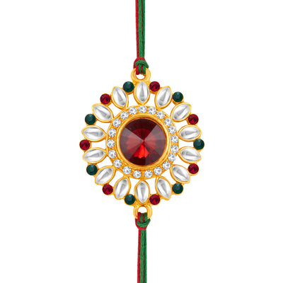 Sukkhi Splendid Gold Plated Floral Rakhi with Roli Chawal and Raksha Bandhan Greeting Card for Men