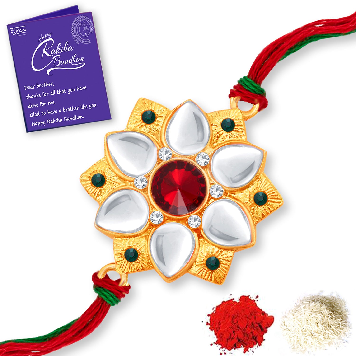 Sukkhi Classy Gold Plated Floral Rakhi with Roli Chawal and Raksha Bandhan Greeting Card for Men