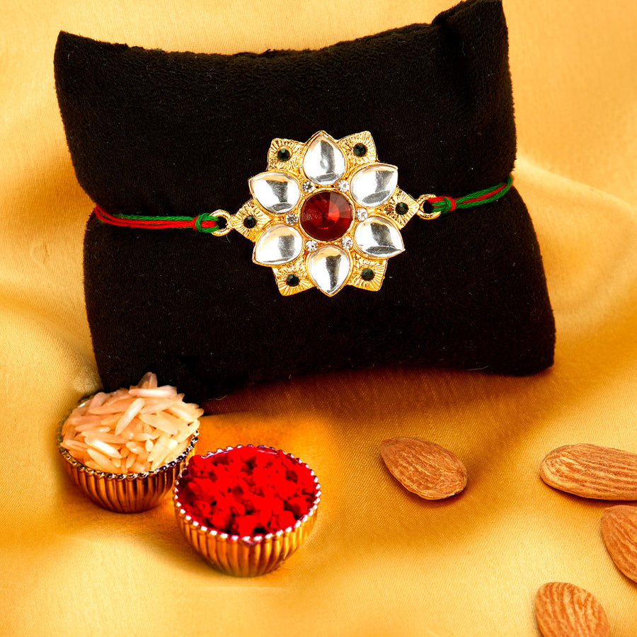 Sukkhi Classy Gold Plated Floral Rakhi with Roli Chawal and Raksha Bandhan Greeting Card for Men