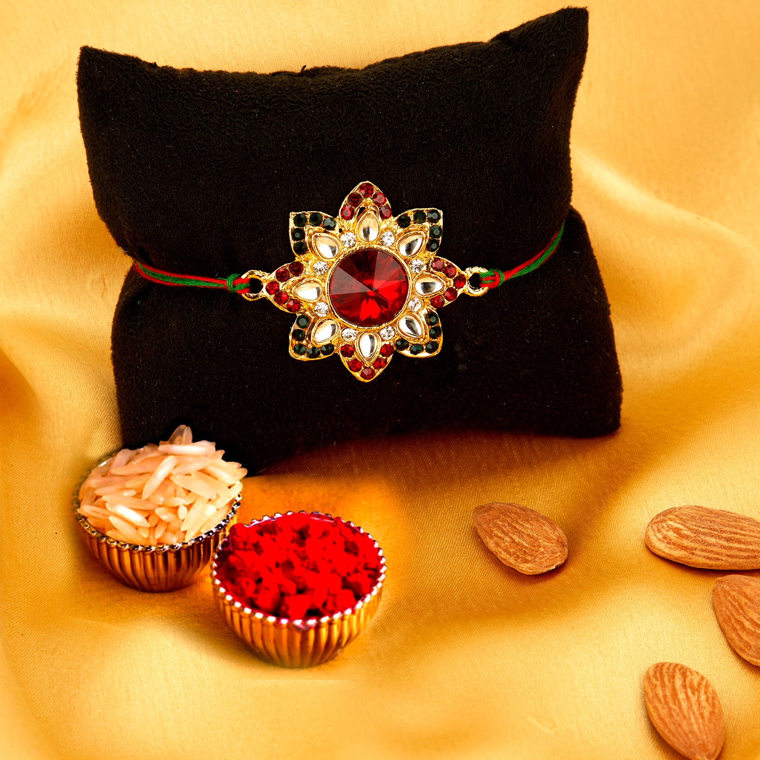 Sukkhi Sparkling Gold Plated Floral Rakhi with Roli Chawal and Raksha Bandhan Greeting Card for Men