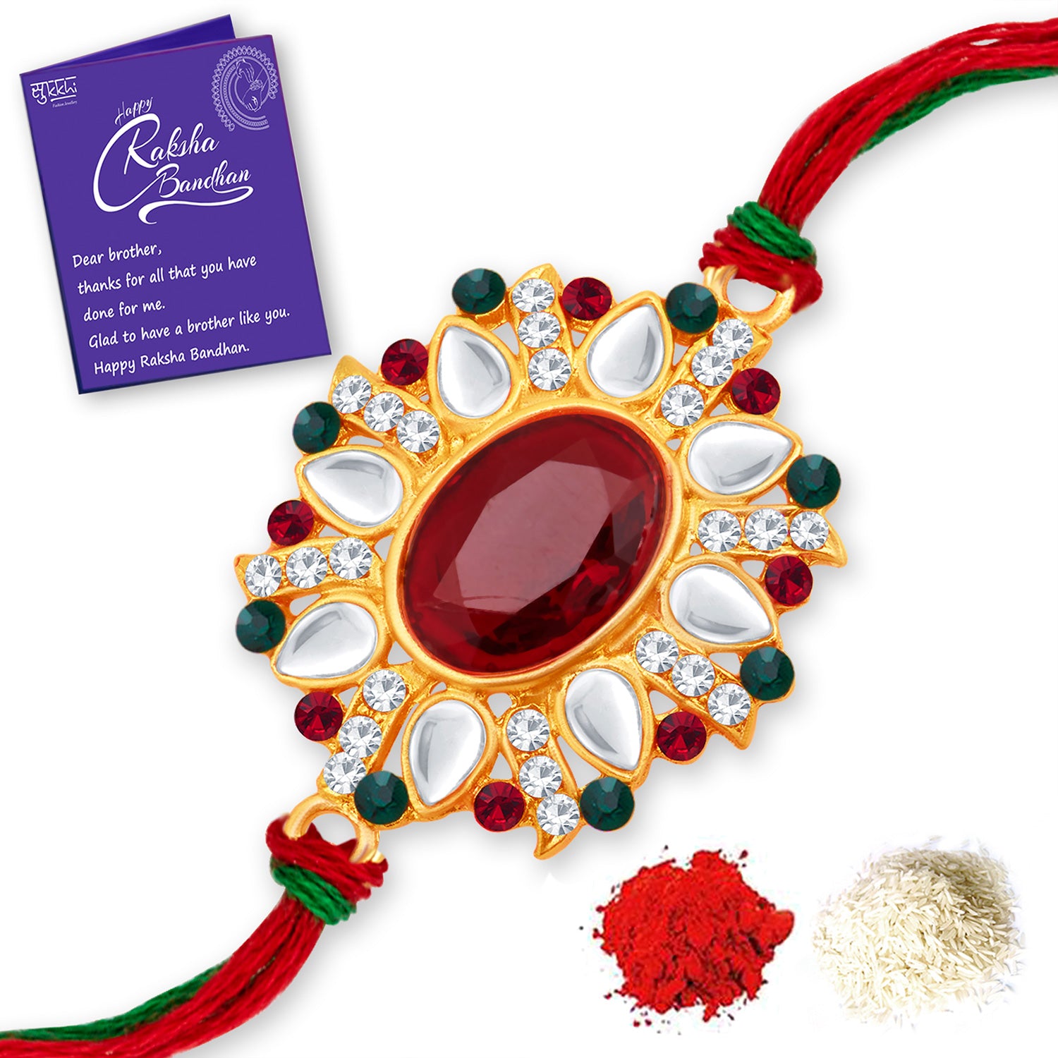 Sukkhi Gleaming Gold Plated Rakhi with Roli Chawal and Raksha Bandhan Greeting Card for Men