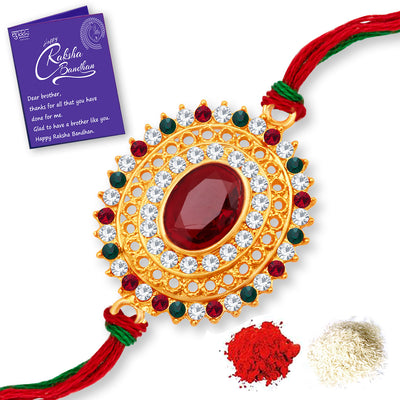 Sukkhi Eye-Catchy Gold Plated Rakhi with Roli Chawal and Raksha Bandhan Greeting Card for Men