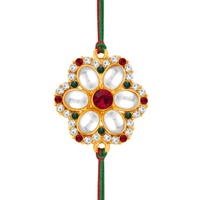 Sukkhi Attractive Gold Plated Floral Rakhi with Roli Chawal and Raksha Bandhan Greeting Card for Men