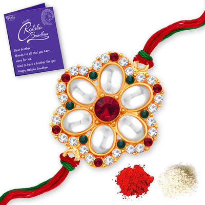 Sukkhi Attractive Gold Plated Floral Rakhi with Roli Chawal and Raksha Bandhan Greeting Card for Men