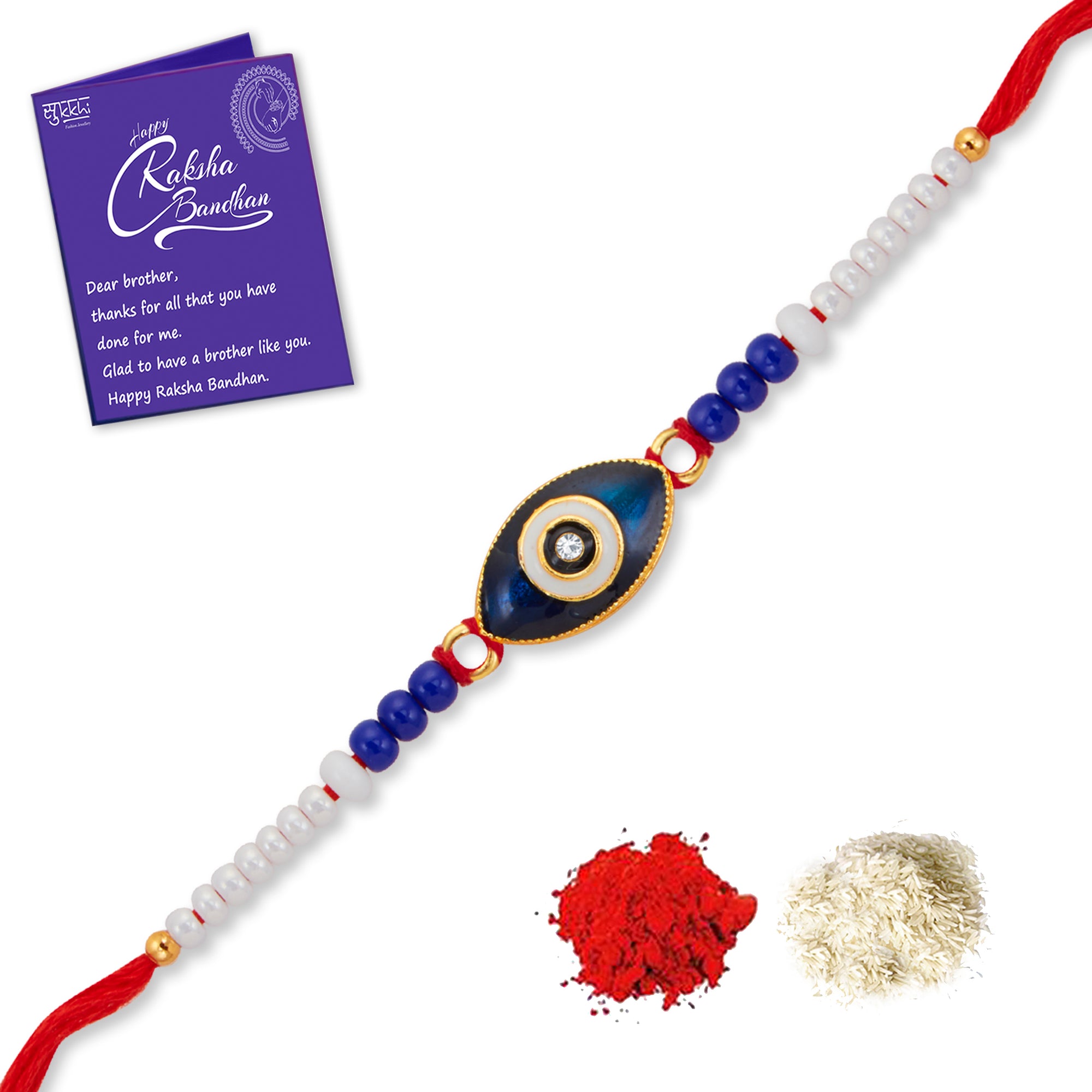 Sukkhi Attractive Gold Plated Evil Eye Rakhi with Roli Chawal and Raksha Bandhan Greeting Card For Men