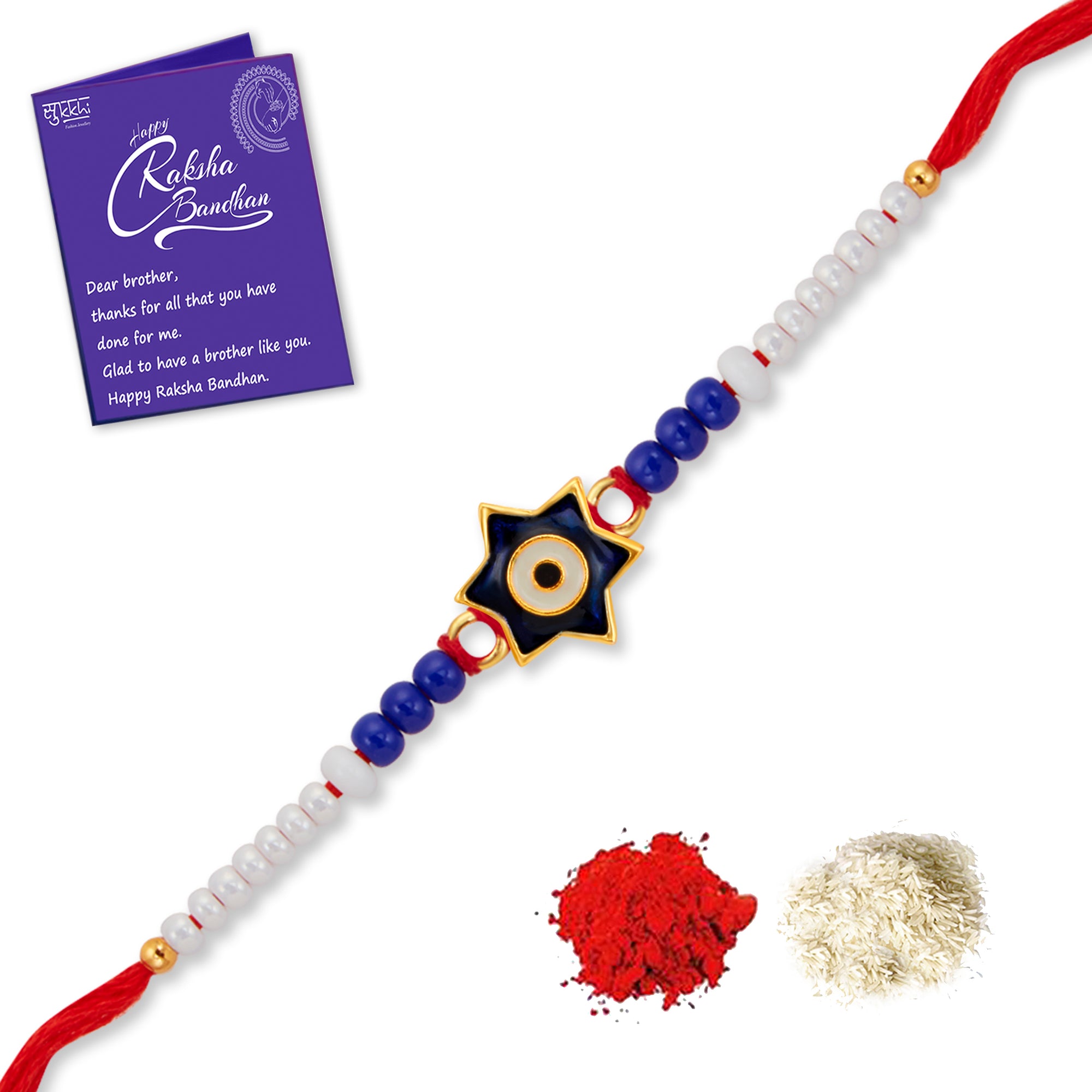 Satar Raksha Sukkhi Amazing Gold Plated Star Evil Eye Rakhi with Roli Chawal and Ra ...