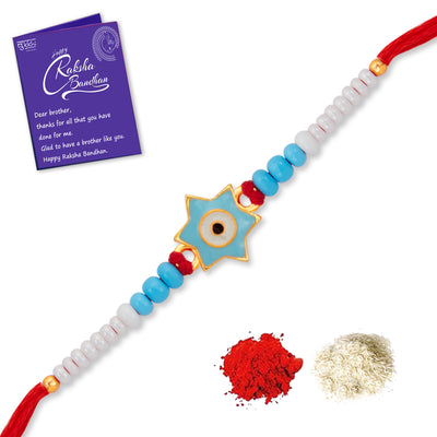 Sukkhi Delicate Gold Plated Star Rakhi with Roli Chawal and Raksha Bandhan Greeting Card For Men