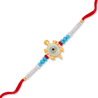 Sukkhi Delightful Gold Plated Turtle Rakhi with Roli Chawal and Raksha Bandhan Greeting Card For Men