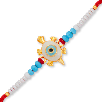 Sukkhi Delightful Gold Plated Turtle Rakhi with Roli Chawal and Raksha Bandhan Greeting Card For Men