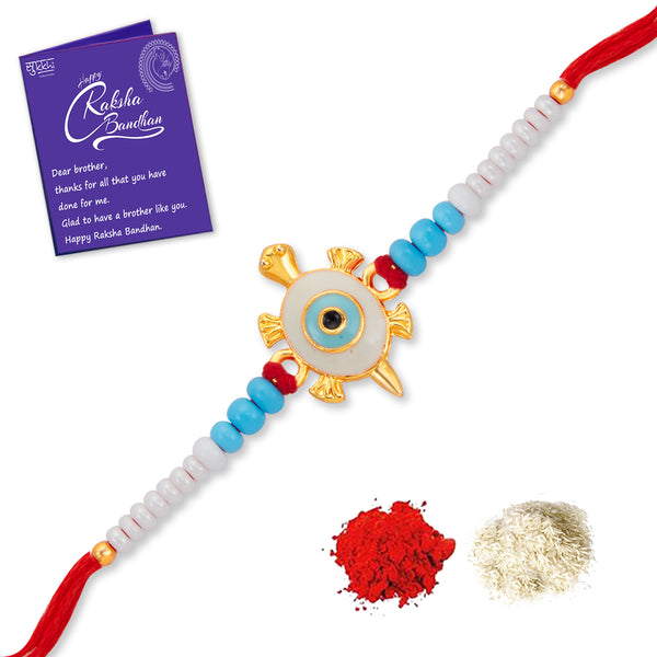 Sukkhi Delightful Gold Plated Turtle Rakhi with Roli Chawal and Raksha ...