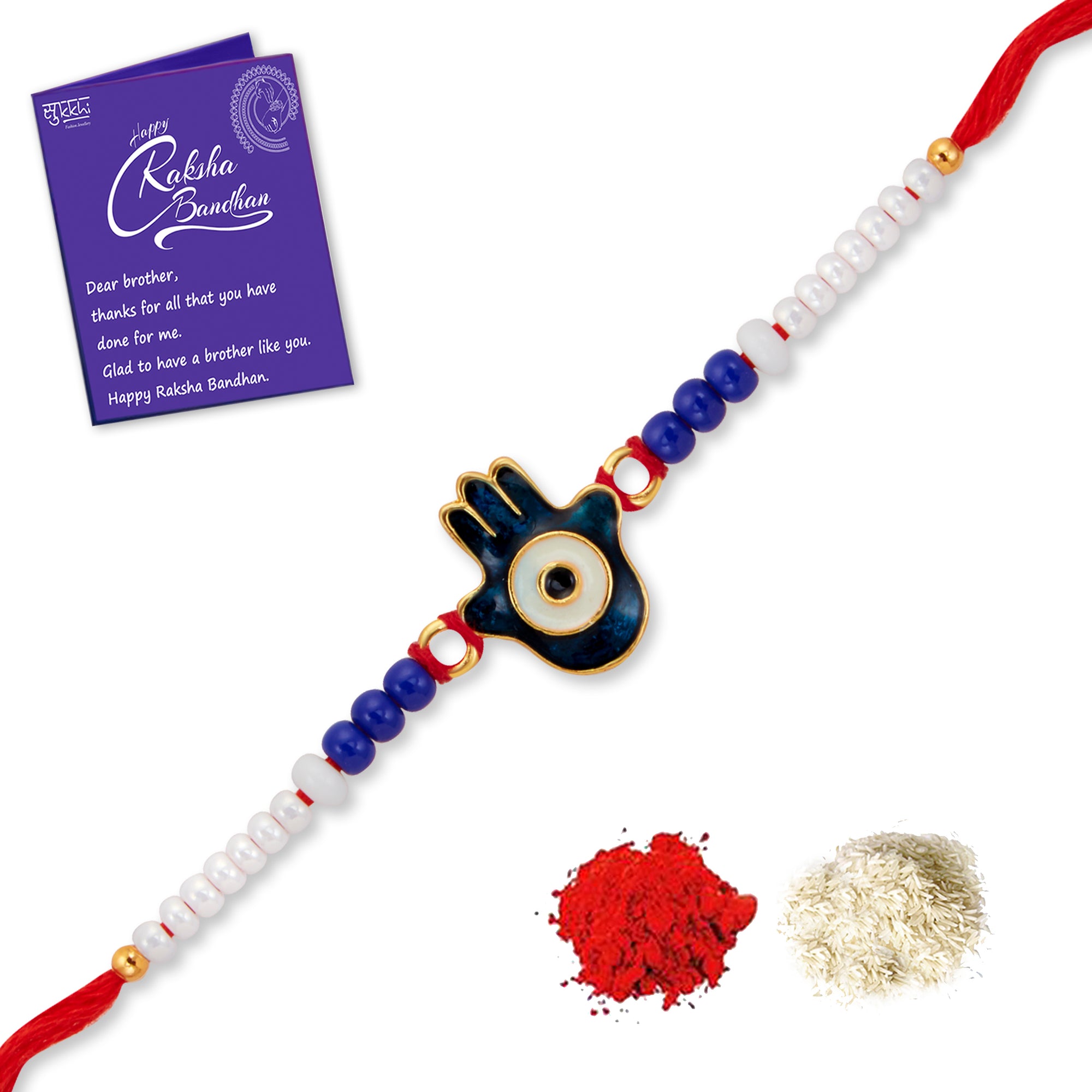 Sukkhi Glitzy Gold Plated Evil Eye Rakhi with Roli Chawal and Raksha Bandhan Greeting Card For Men