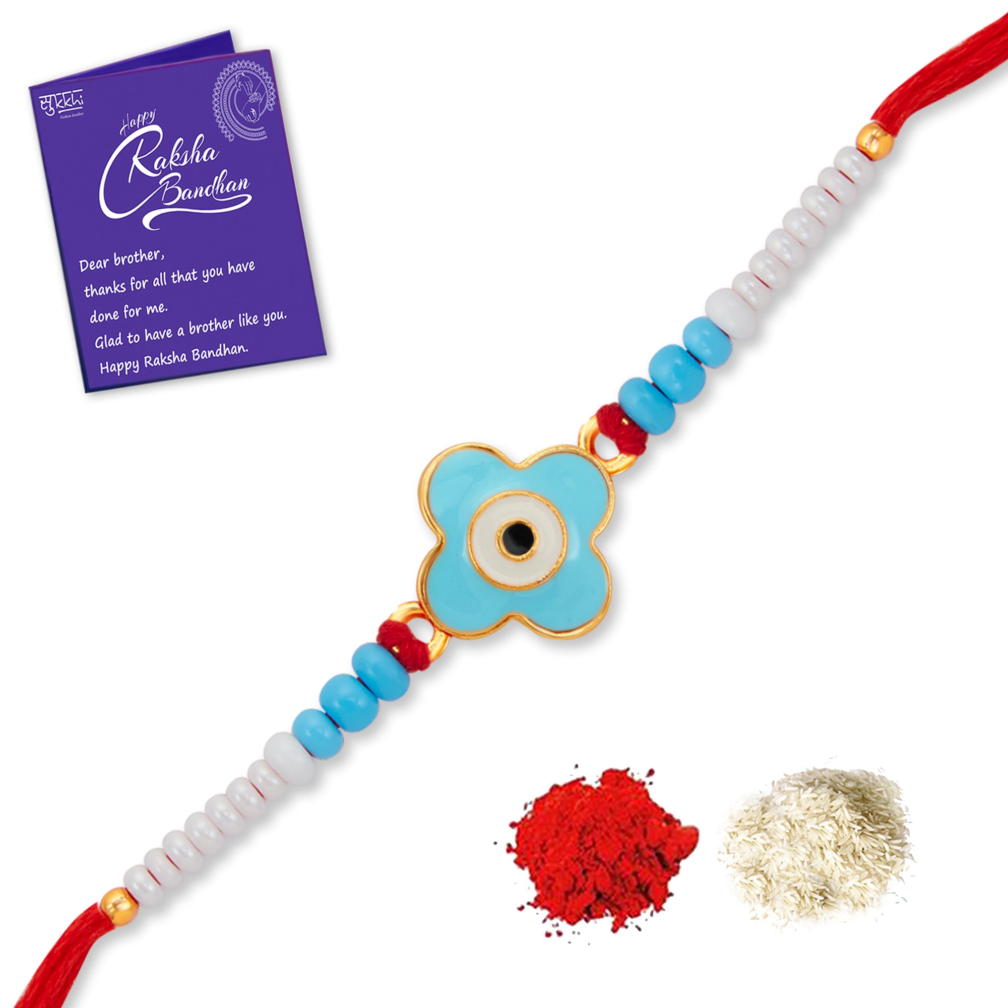 Sukkhi Brilliant Gold Plated Evil Eye Rakhi with Roli Chawal and Raksha Bandhan Greeting Card For Men