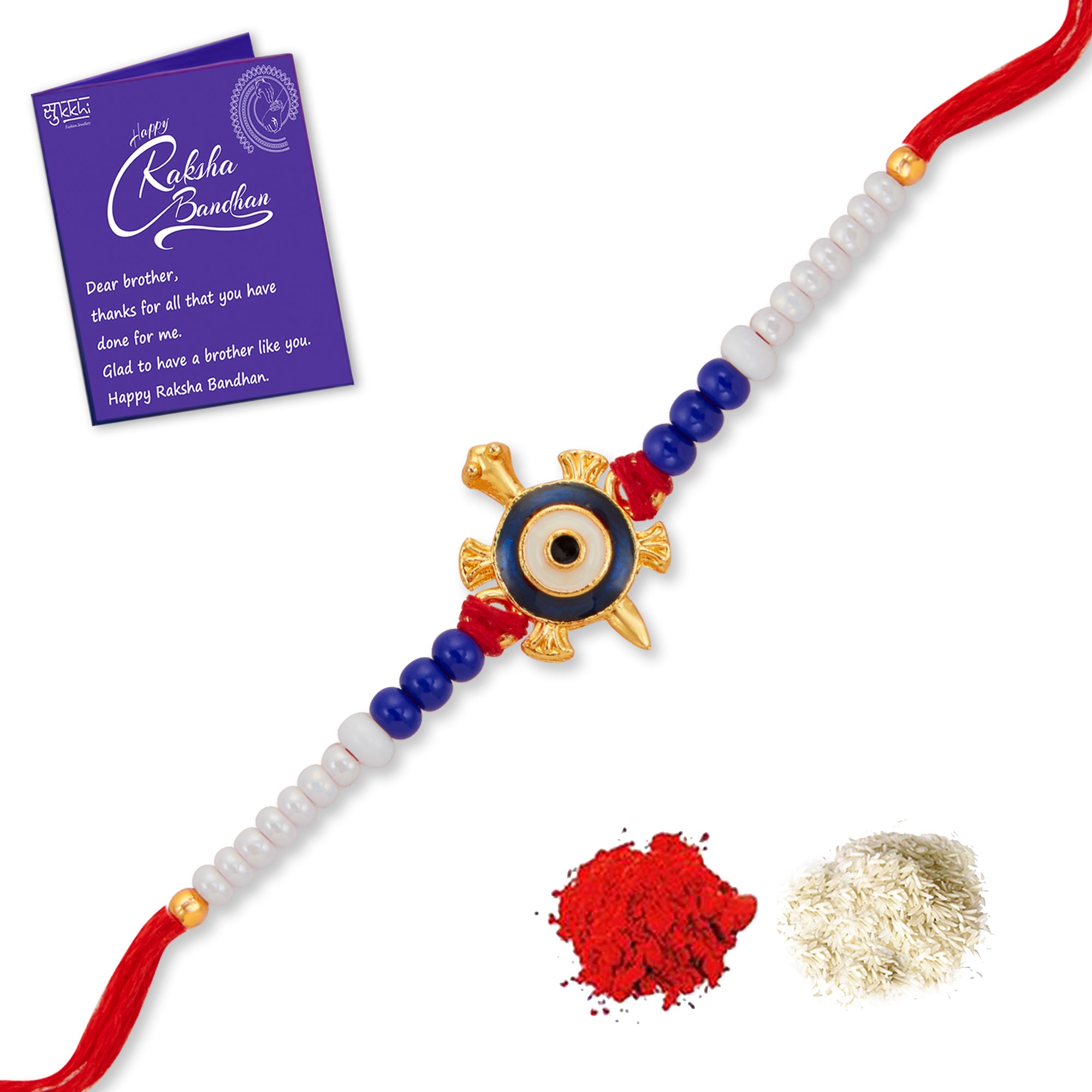 Sukkhi Ethnic Gold Plated Turtle & Evil Eye Rakhi with Roli Chawal and Raksha Bandhan Greeting Card For Men