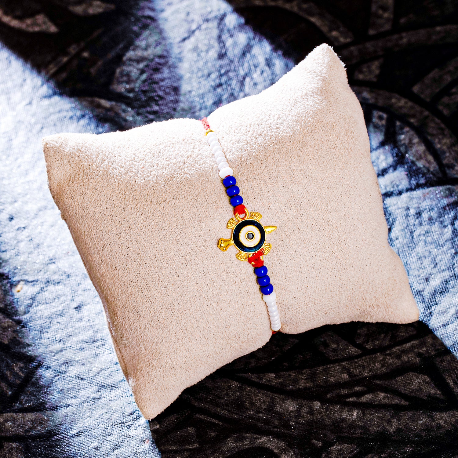 Sukkhi Ethnic Gold Plated Turtle & Evil Eye Rakhi with Roli Chawal and Raksha Bandhan Greeting Card For Men