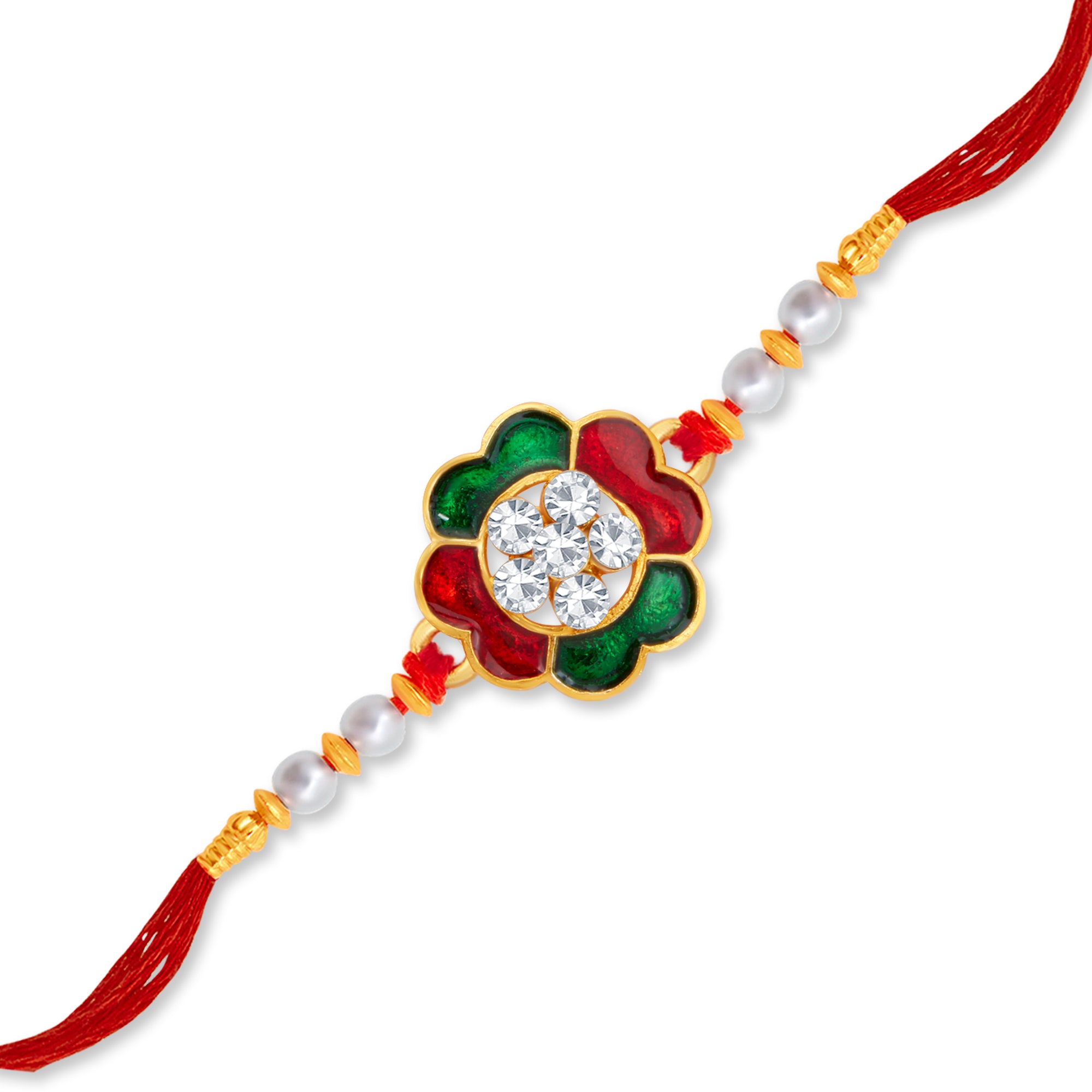 Sukkhi Delightful Gold Plated Floral Meenakari Rakhi with Roli Chawal and Raksha Bandhan Greeting Card For Men