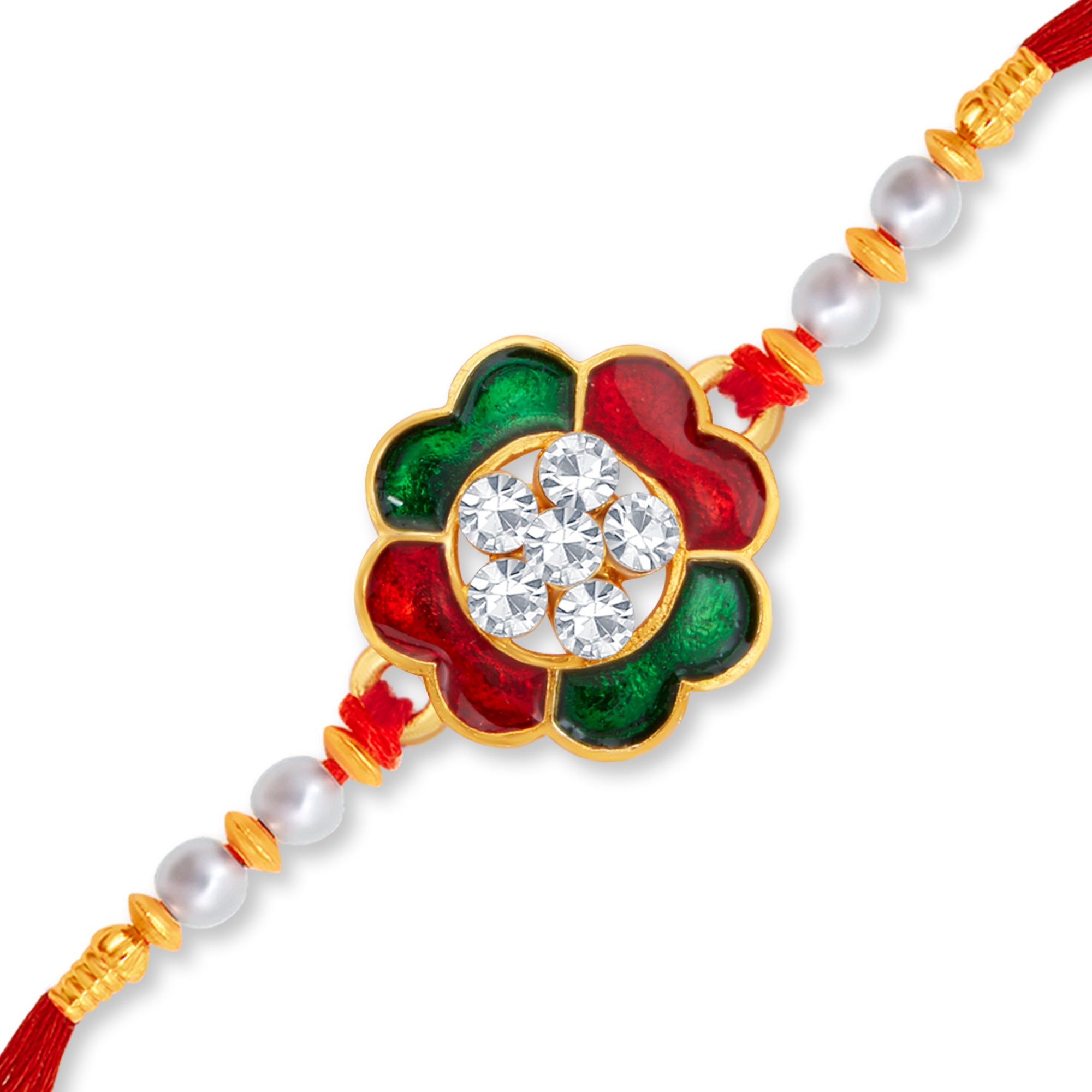 Sukkhi Delightful Gold Plated Floral Meenakari Rakhi with Roli Chawal and Raksha Bandhan Greeting Card For Men