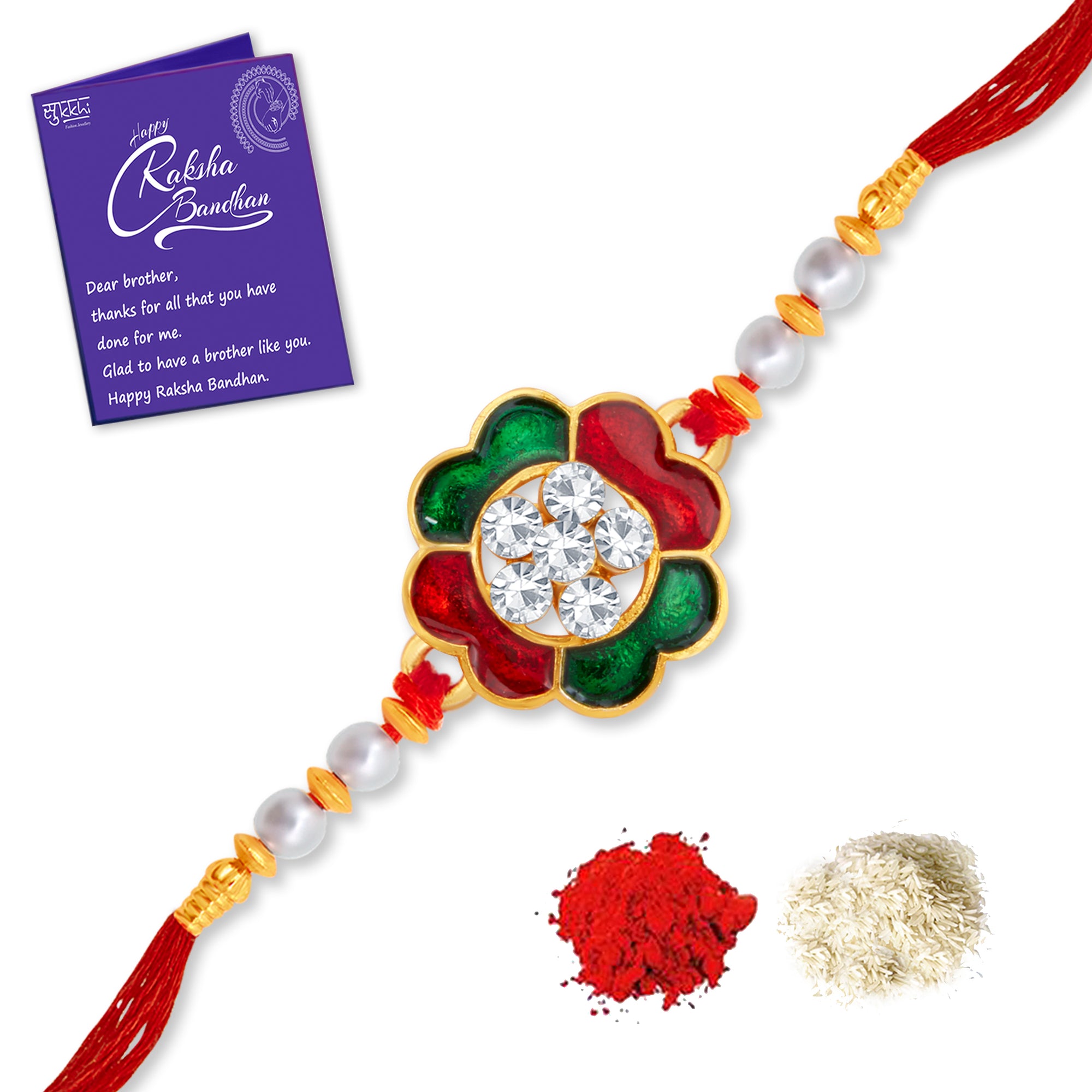 Sukkhi Delightful Gold Plated Floral Meenakari Rakhi with Roli Chawal and Raksha Bandhan Greeting Card For Men