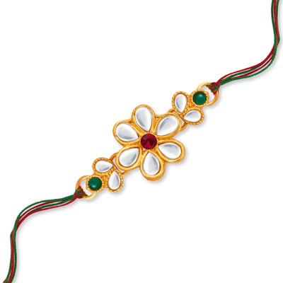 Sukkhi Splendid Gold Plated Floral Kundan Rakhi with Roli Chawal and Raksha Bandhan Greeting Card For Men