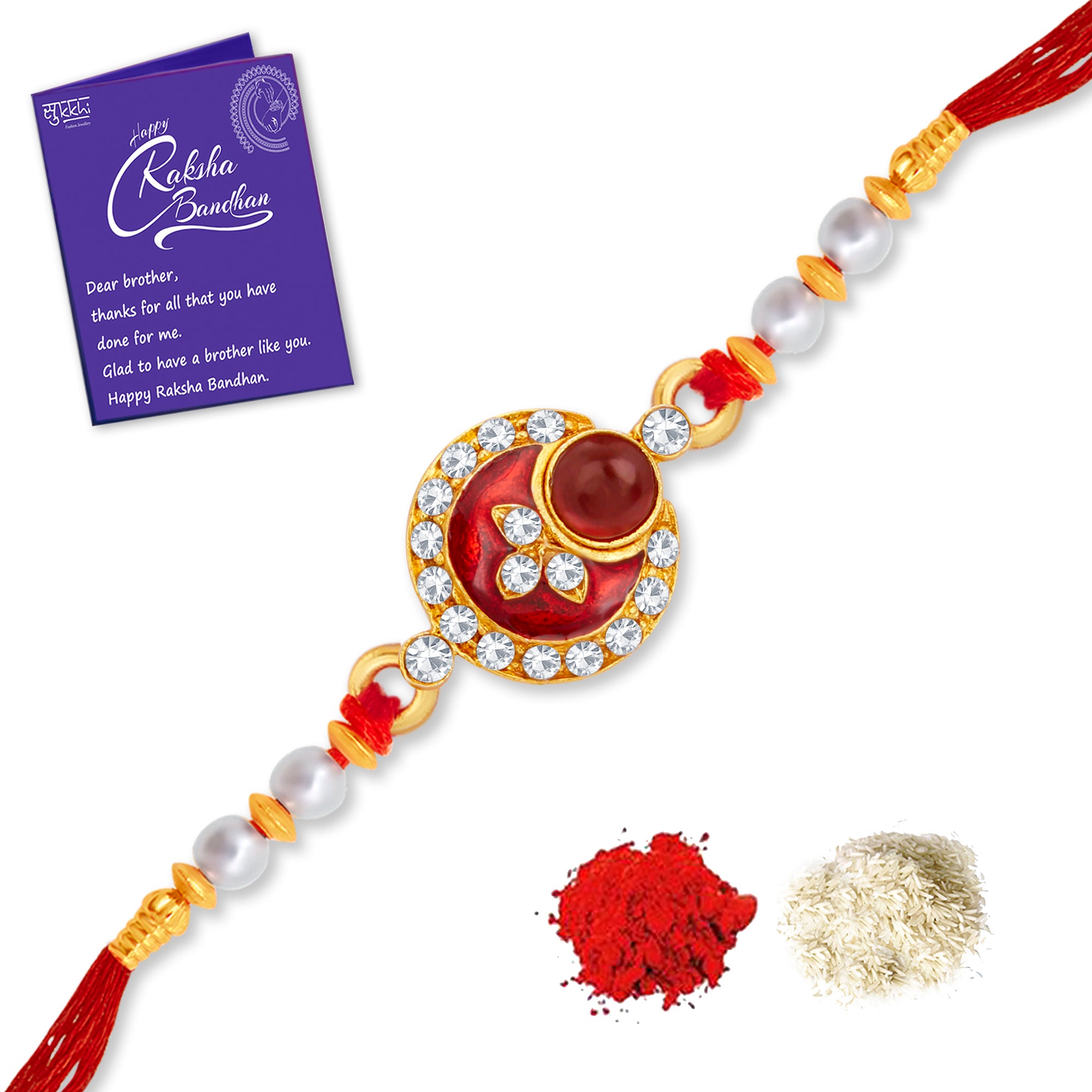 Sukkhi Marvelous Gold Plated Meenakari Rakhi with Roli Chawal and Raksha Bandhan Greeting Card For Men