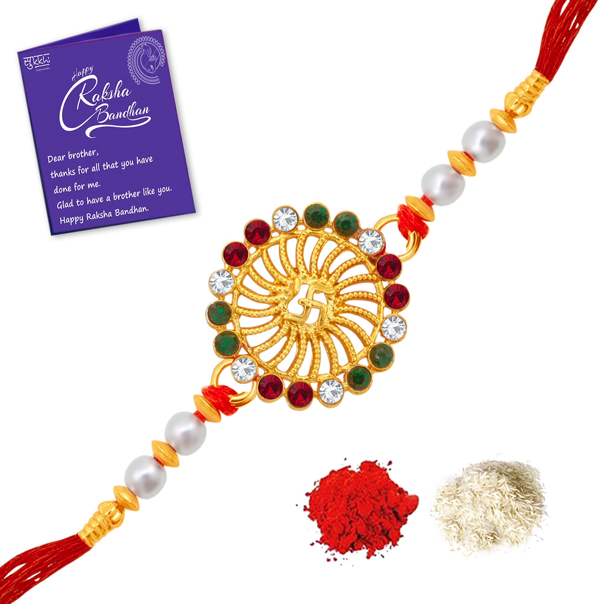 Sukkhi Elegant Gold Plated Swastik Rakhi with Roli Chawal and Raksha Bandhan Greeting Card For Men