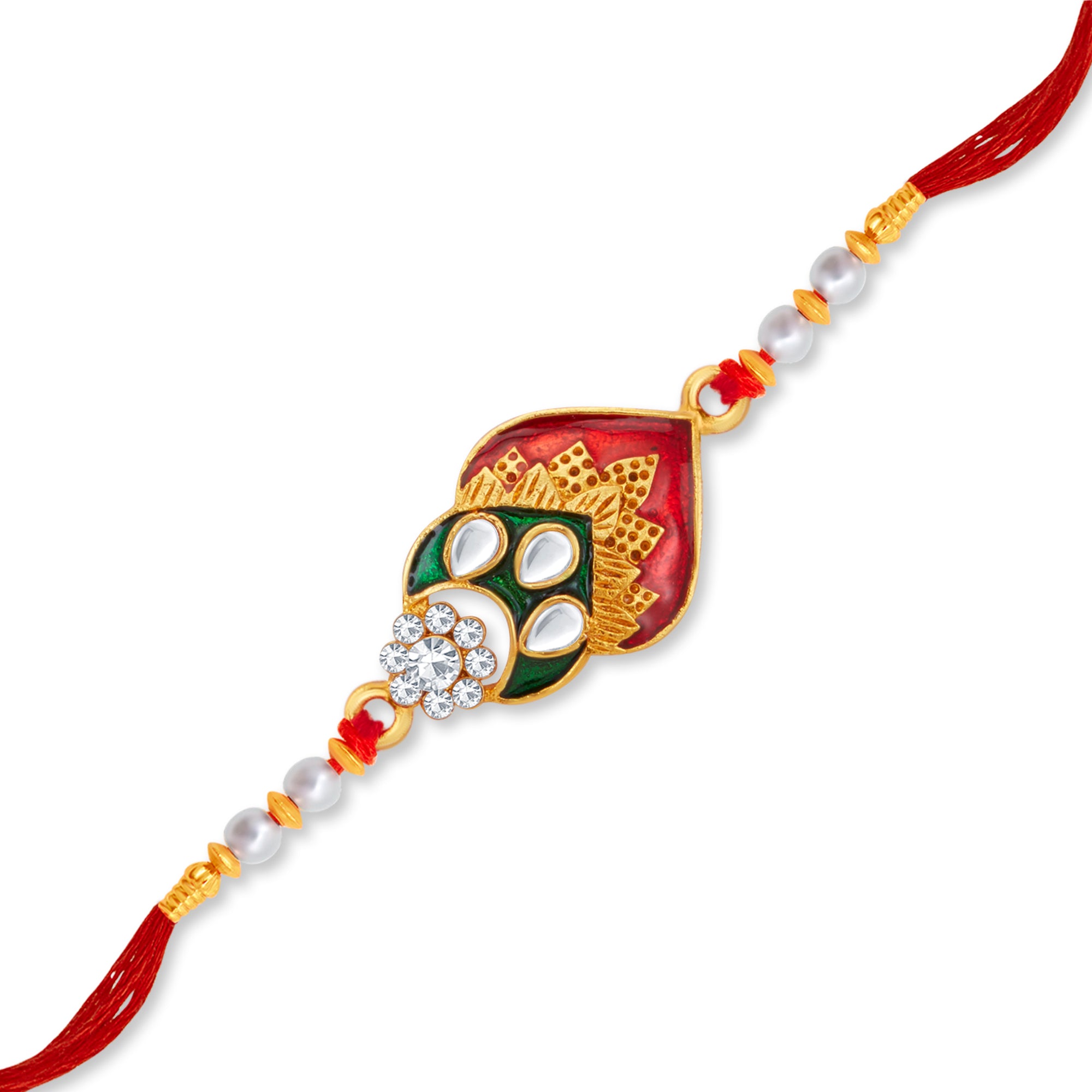 Sukkhi Splendid Gold Plated Kundan Meenakari Rakhi with Roli Chawal and Raksha Bandhan Greeting Card For Men