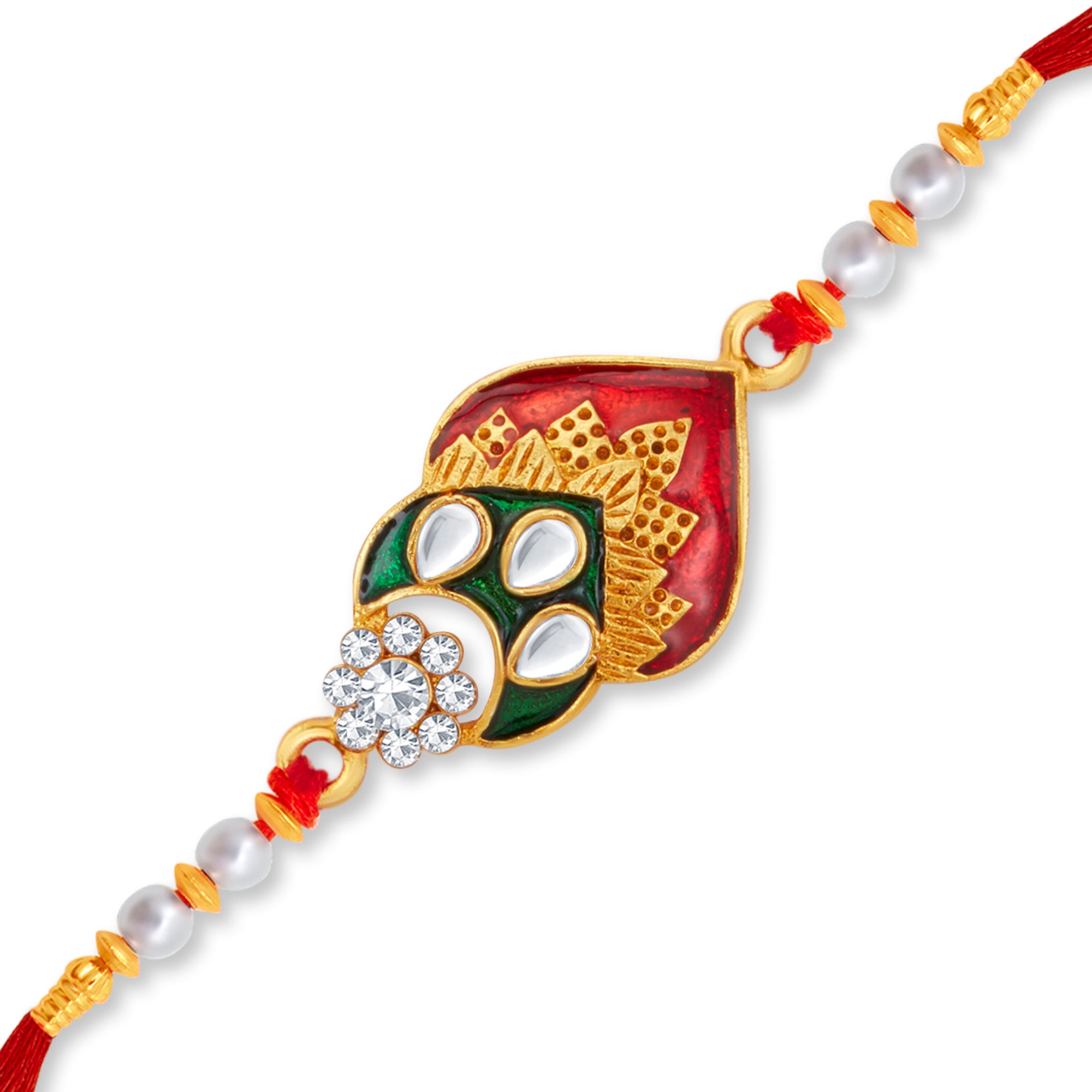 Sukkhi Splendid Gold Plated Kundan Meenakari Rakhi with Roli Chawal and Raksha Bandhan Greeting Card For Men