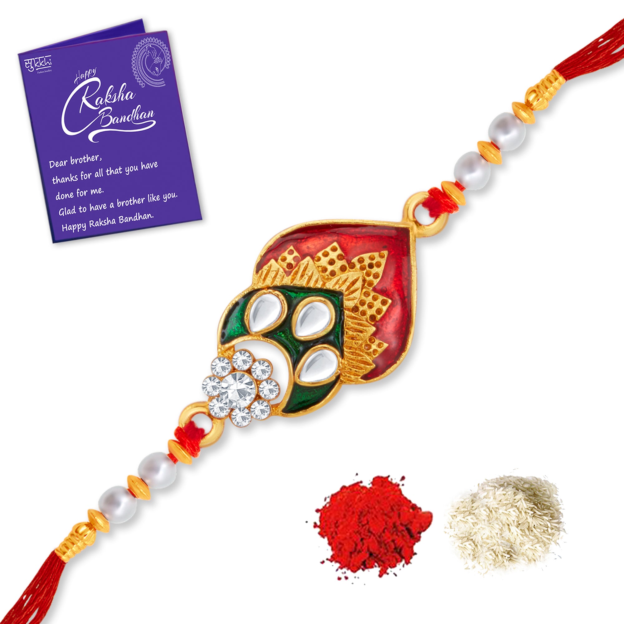 Sukkhi Splendid Gold Plated Kundan Meenakari Rakhi with Roli Chawal and Raksha Bandhan Greeting Card For Men