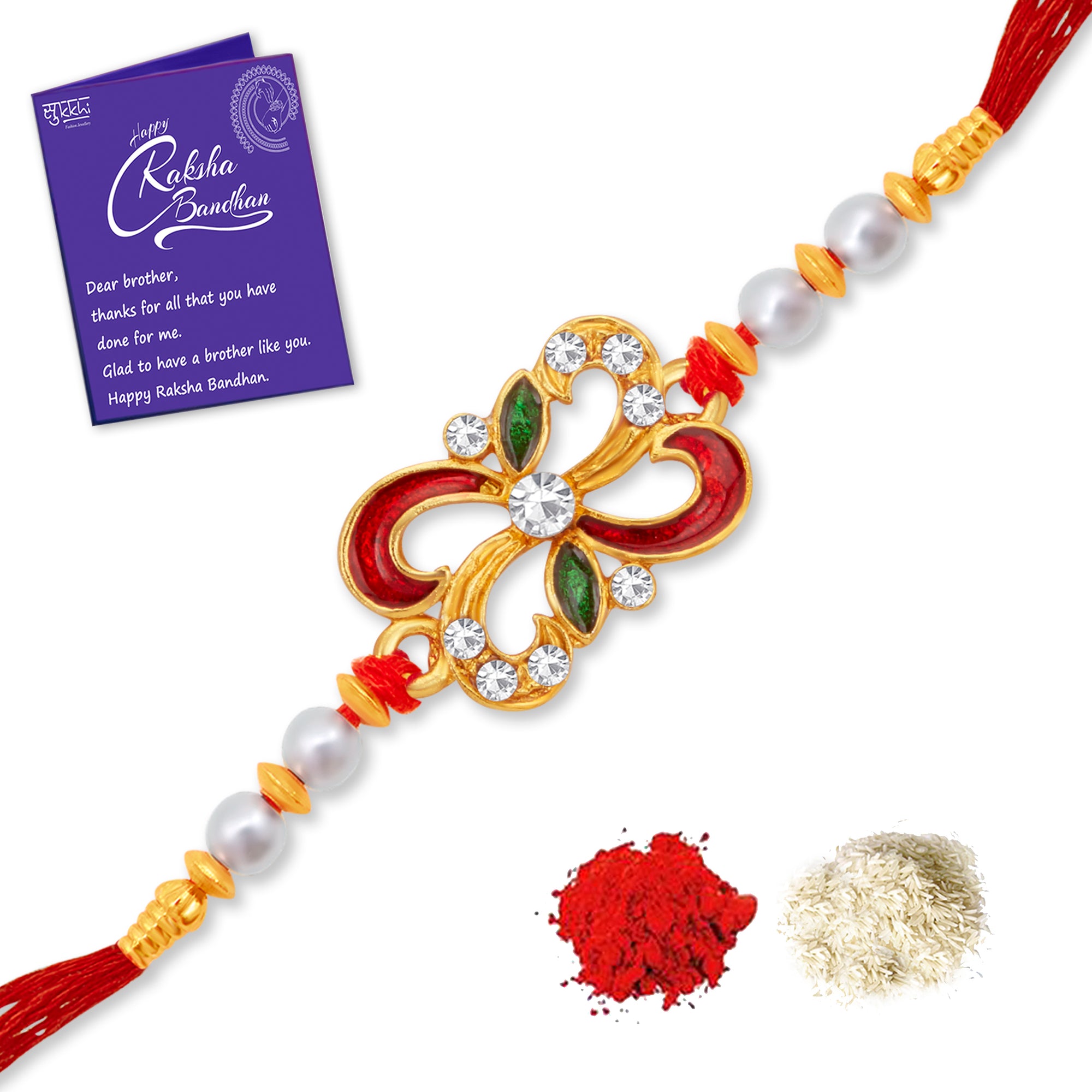 Sukkhi Dazzling Gold Plated Meenakari Rakhi with Roli Chawal and Raksha Bandhan Greeting Card For Men