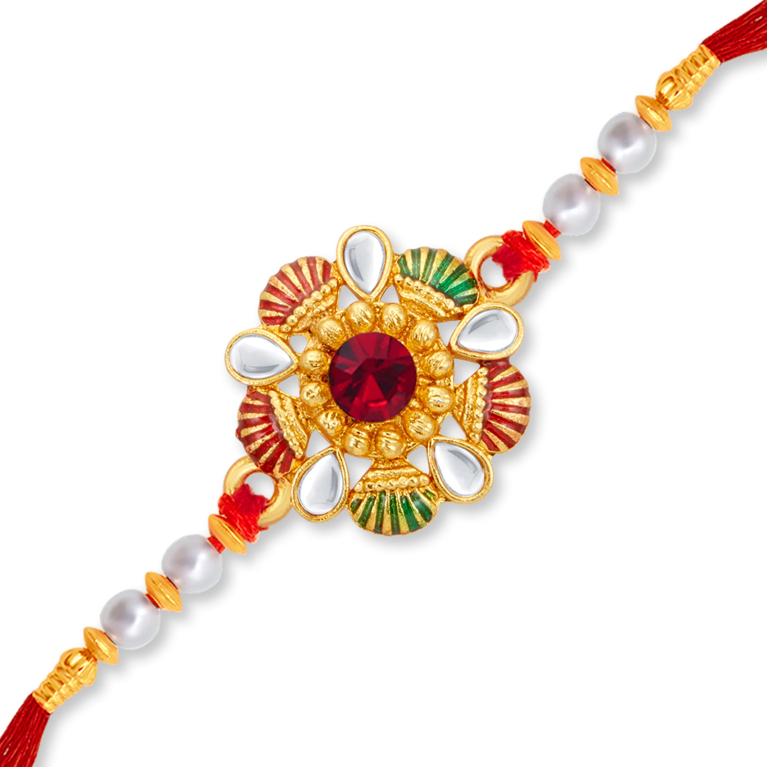 Sukkhi Delicate Gold Plated Kundan Meenakari Rakhi with Roli Chawal and Raksha Bandhan Greeting Card For Men