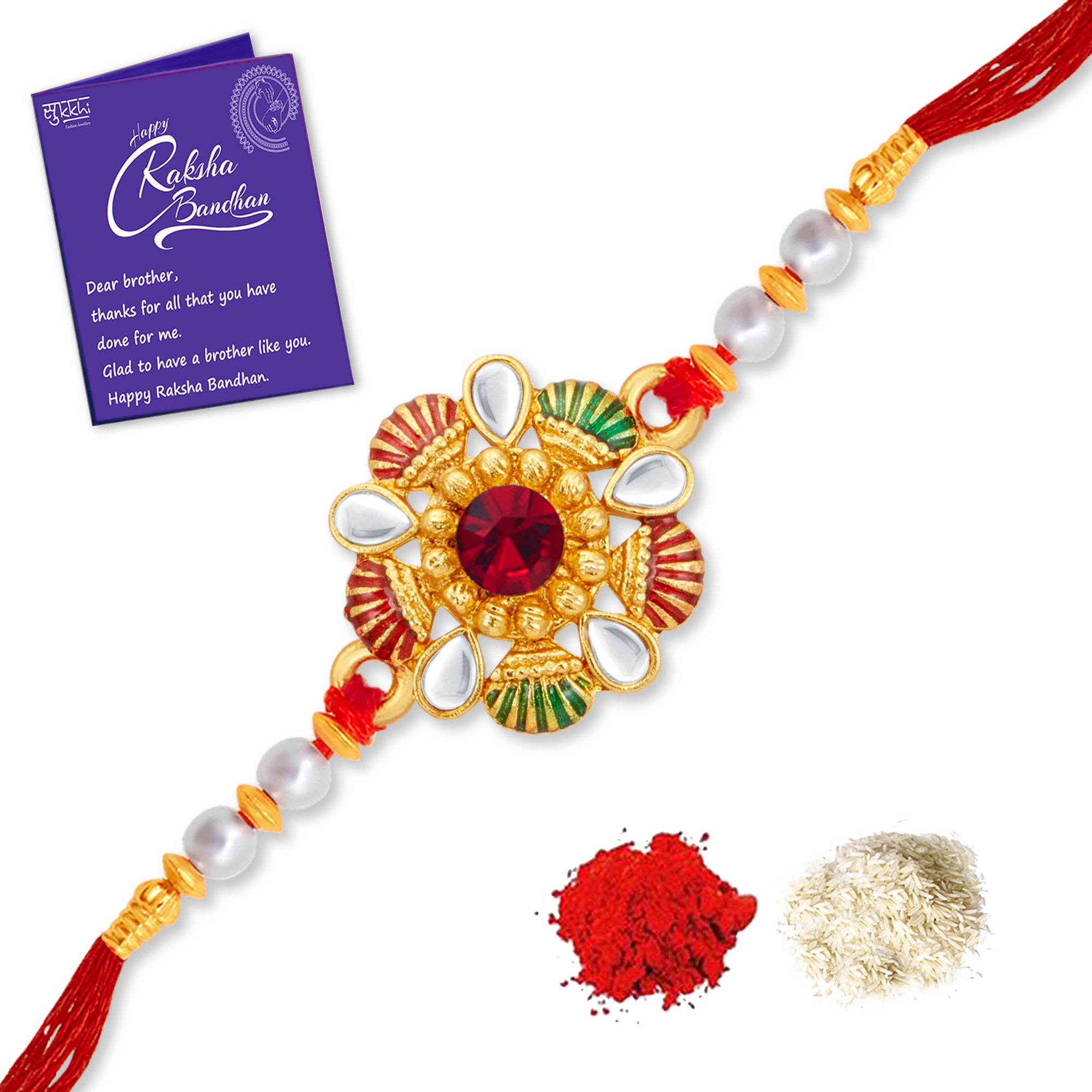Sukkhi Delicate Gold Plated Kundan Meenakari Rakhi with Roli Chawal and Raksha Bandhan Greeting Card For Men