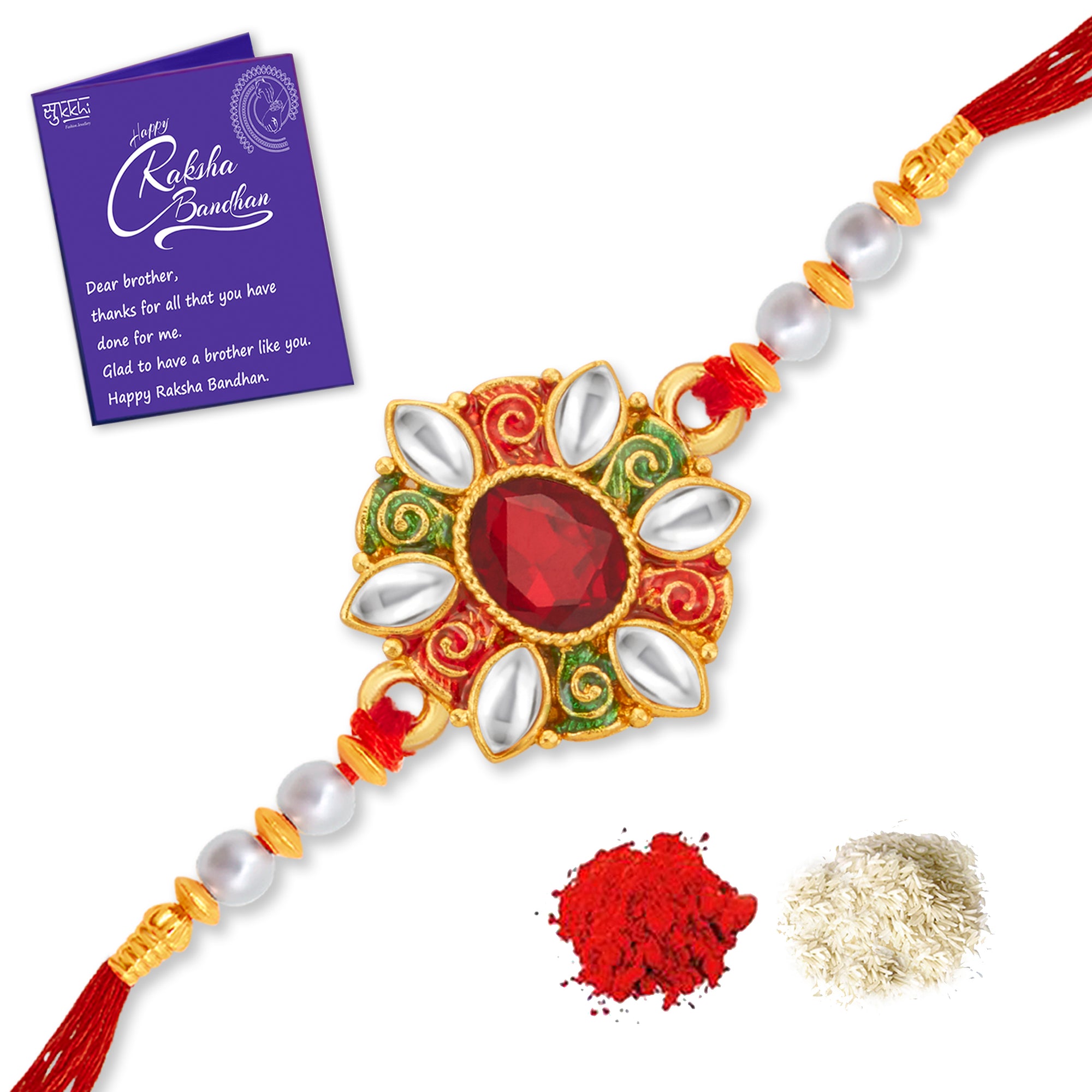 Sukkhi Lovely Gold Plated Kundan Meenakari Rakhi with Roli Chawal and Raksha Bandhan Greeting Card For Men