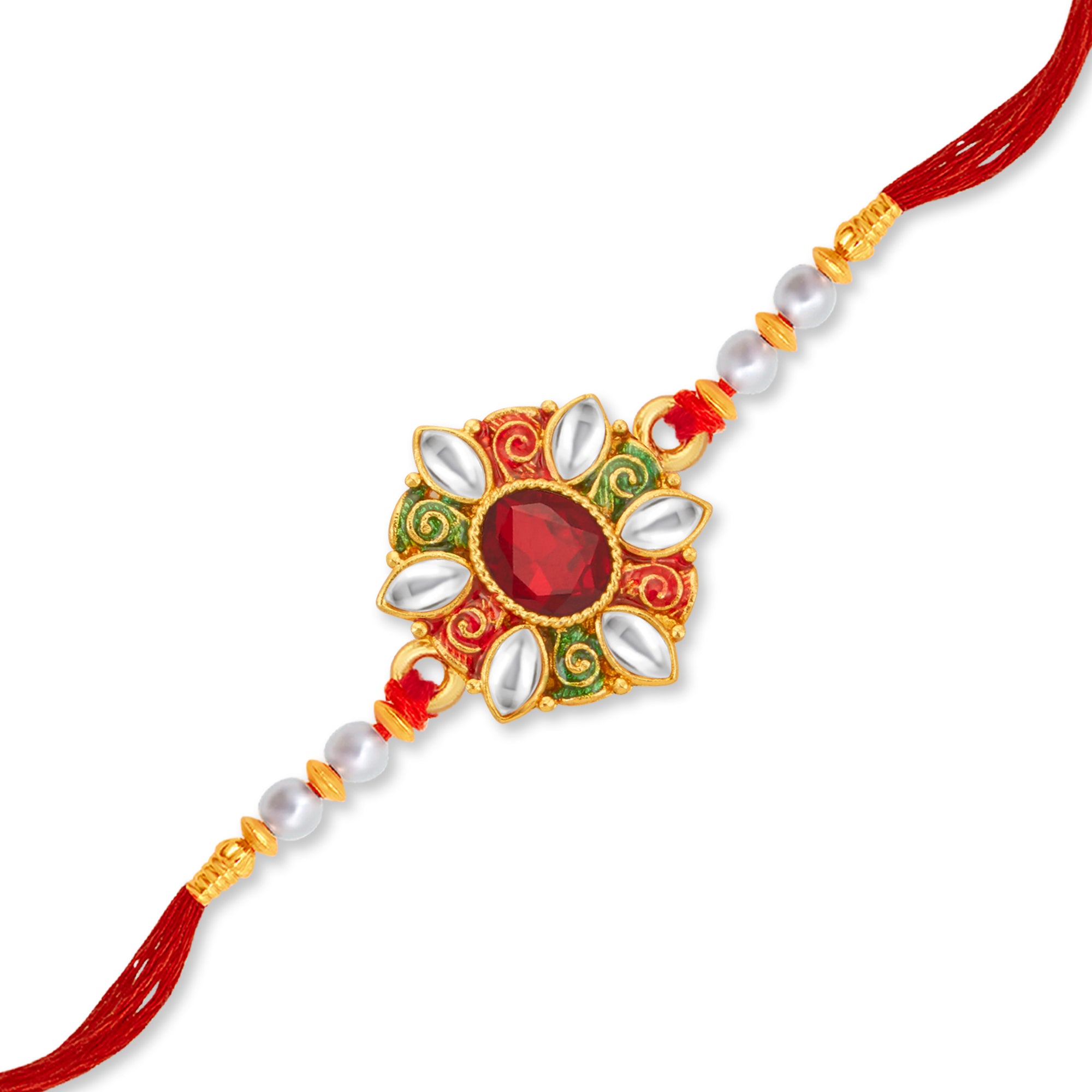 Sukkhi Lovely Gold Plated Kundan Meenakari Rakhi with Roli Chawal and Raksha Bandhan Greeting Card For Men