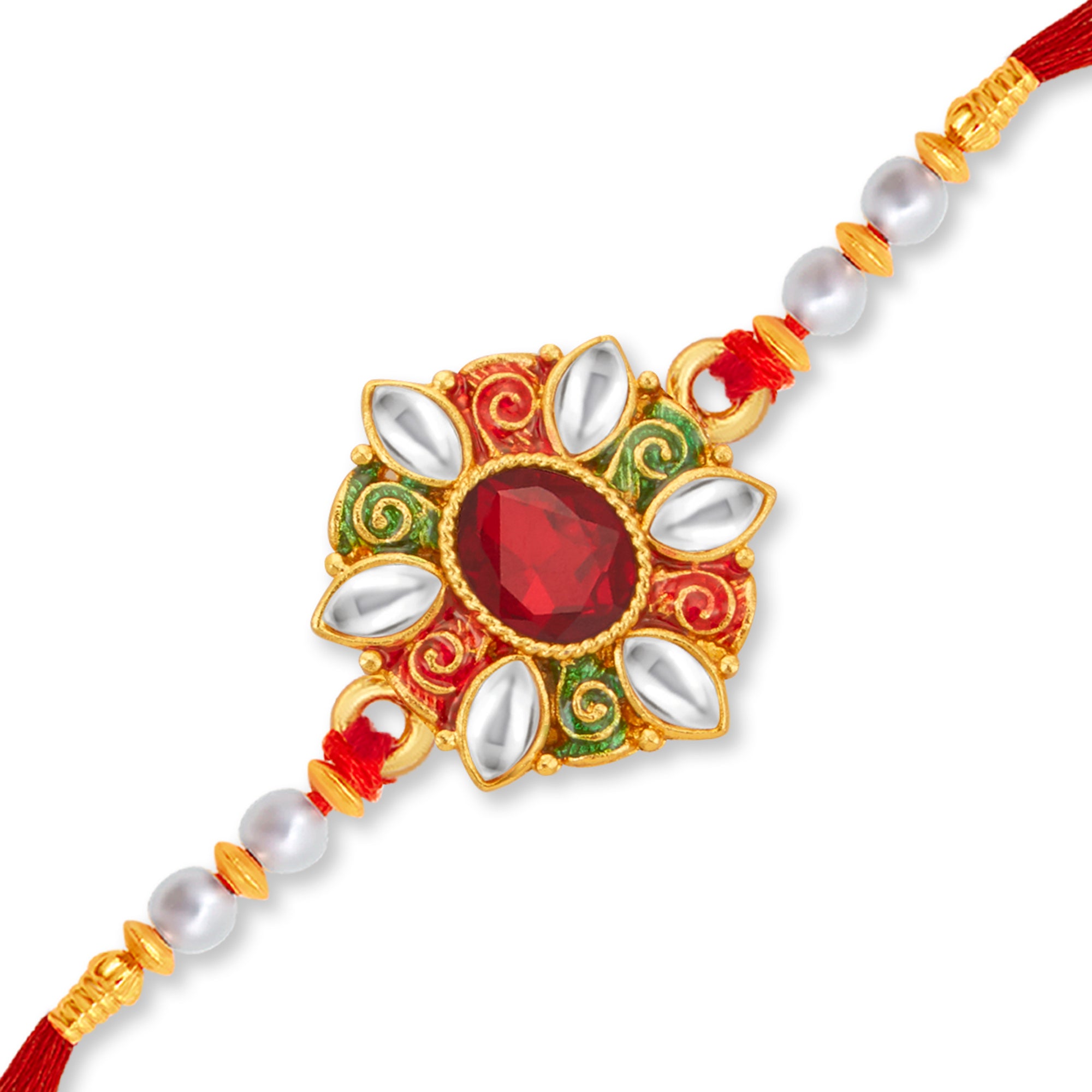 Sukkhi Lovely Gold Plated Kundan Meenakari Rakhi with Roli Chawal and Raksha Bandhan Greeting Card For Men