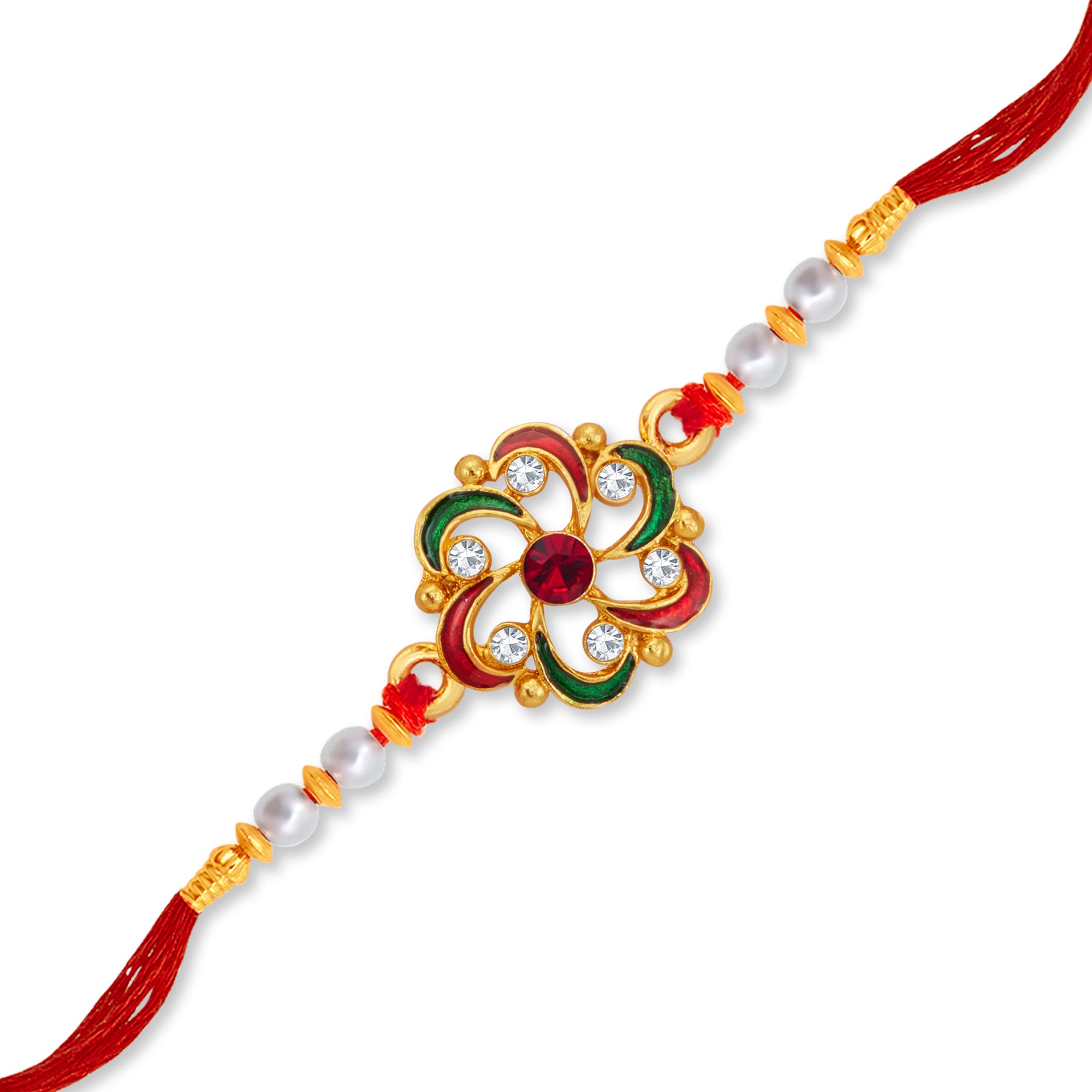 Sukkhi Glossy Gold Plated Floral Meenakari Rakhi with Roli Chawal and Raksha Bandhan Greeting Card For Men