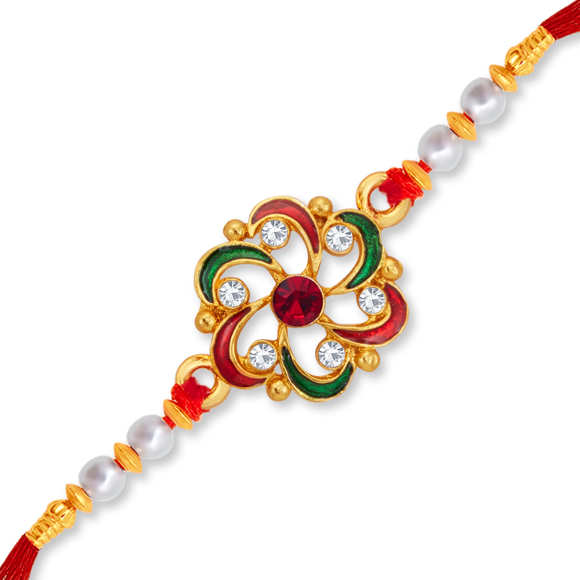Sukkhi Glossy Gold Plated Floral Meenakari Rakhi with Roli Chawal and Raksha Bandhan Greeting Card For Men