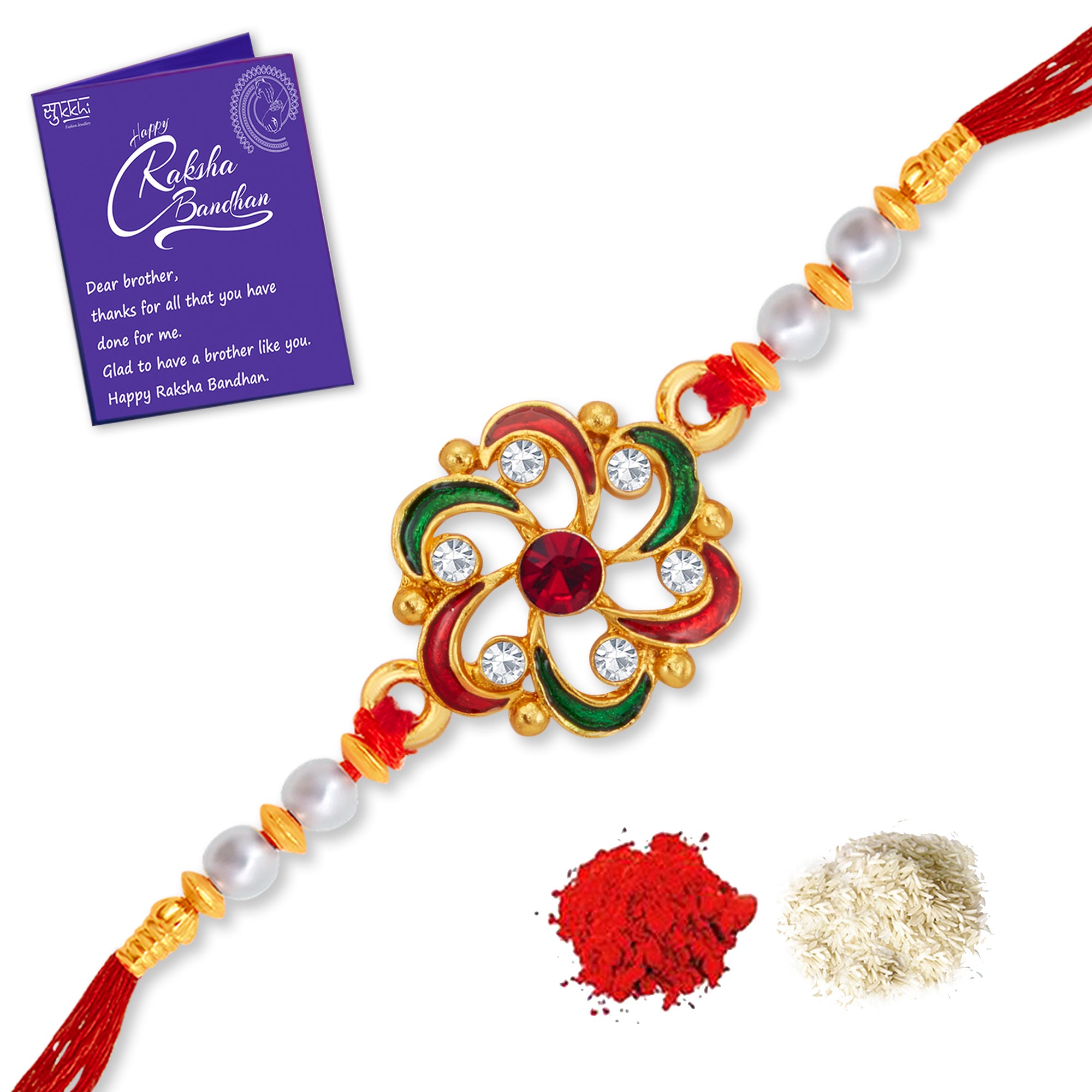 Sukkhi Glossy Gold Plated Floral Meenakari Rakhi with Roli Chawal and Raksha Bandhan Greeting Card For Men