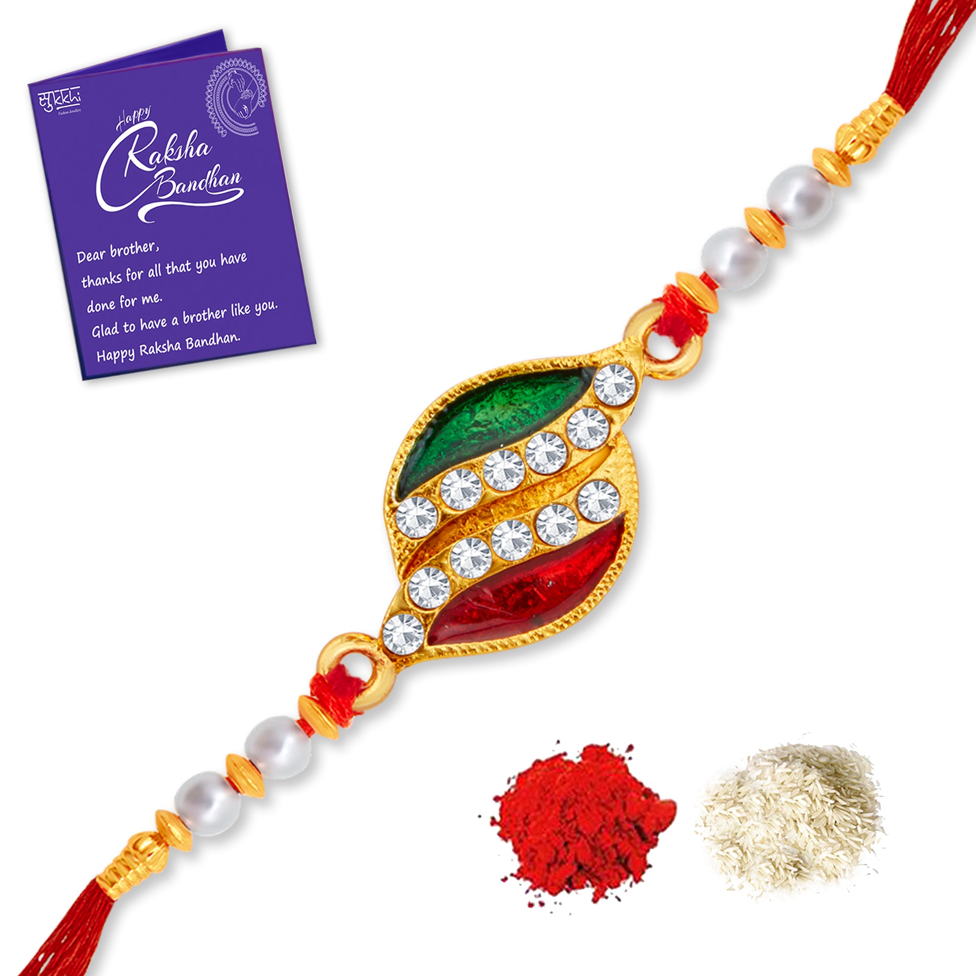 Sukkhi Glitzy Gold Plated Meenakari Rakhi with Roli Chawal and Raksha Bandhan Greeting Card For Men