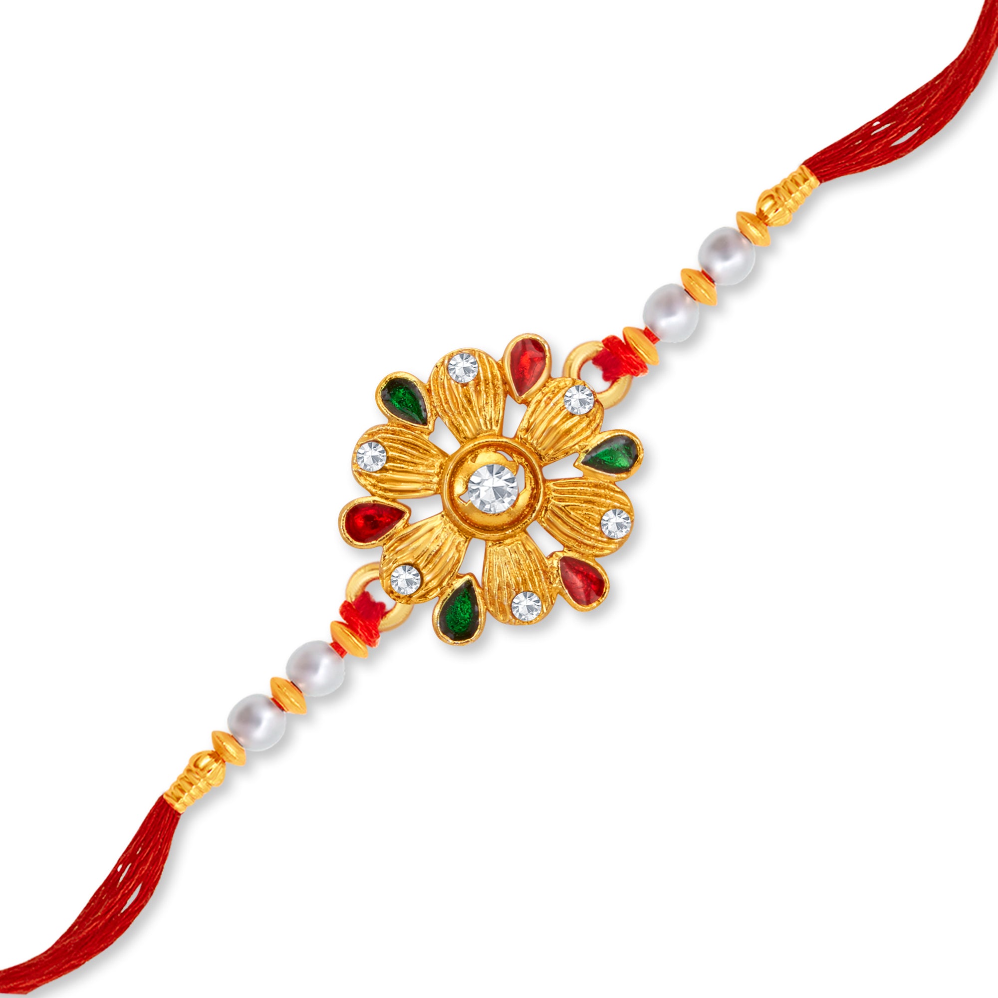 Sukkhi Fancy Gold Plated Floral Rakhi with Roli Chawal and Raksha Bandhan Greeting Card For Men