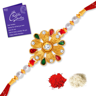 Sukkhi Fancy Gold Plated Floral Rakhi with Roli Chawal and Raksha Bandhan Greeting Card For Men